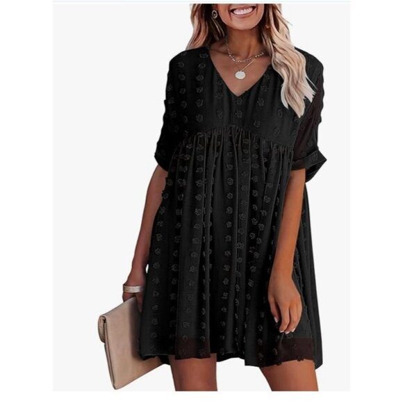 Womens Black Babydoll Short-Sleeve Boho Skater Dress Swiss Dot Pattern Size Med - Picture 1 of 11